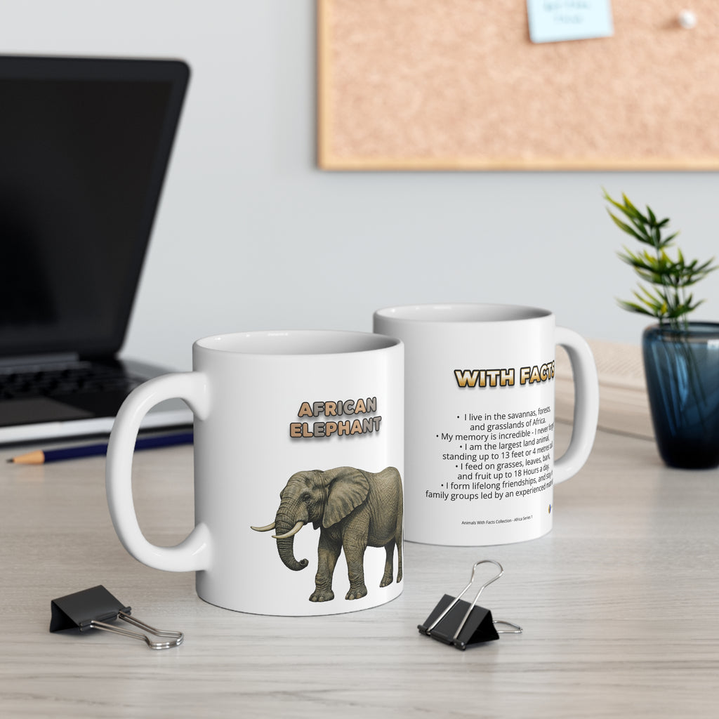 African Elephant Coffee Mug – 11oz Ceramic Mug for Animals With Facts Series 1 Gifts