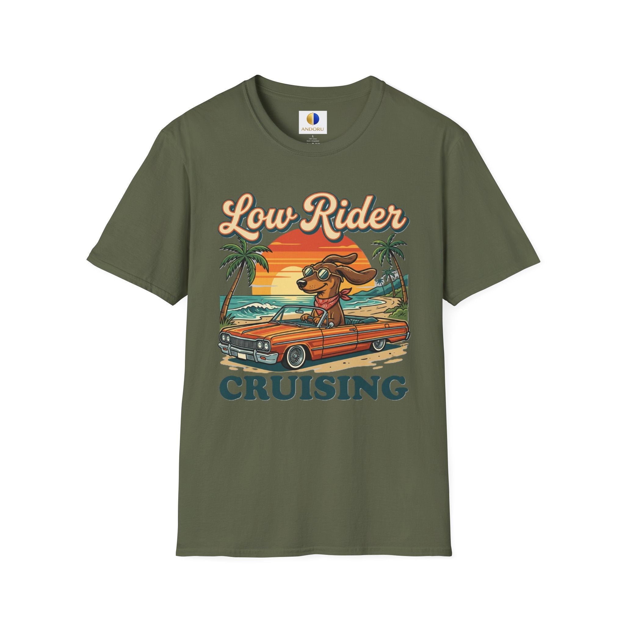 Low Rider Cruise Dog T-Shirt — Retro Palm Sunset Graphic Tee