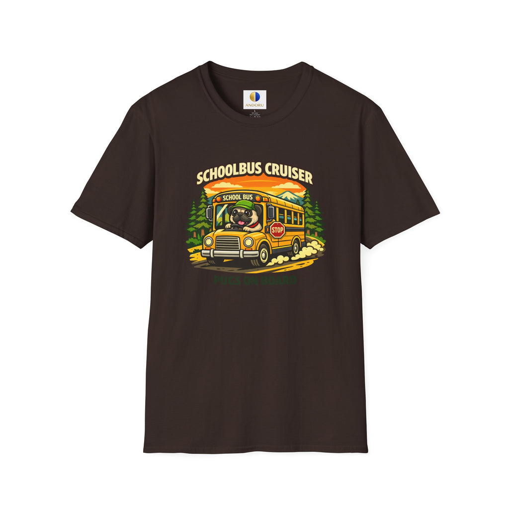 Schoolbus Cruiser T-Shirt — "Pugs On Board" Cute Dog Bus Graphic Tee