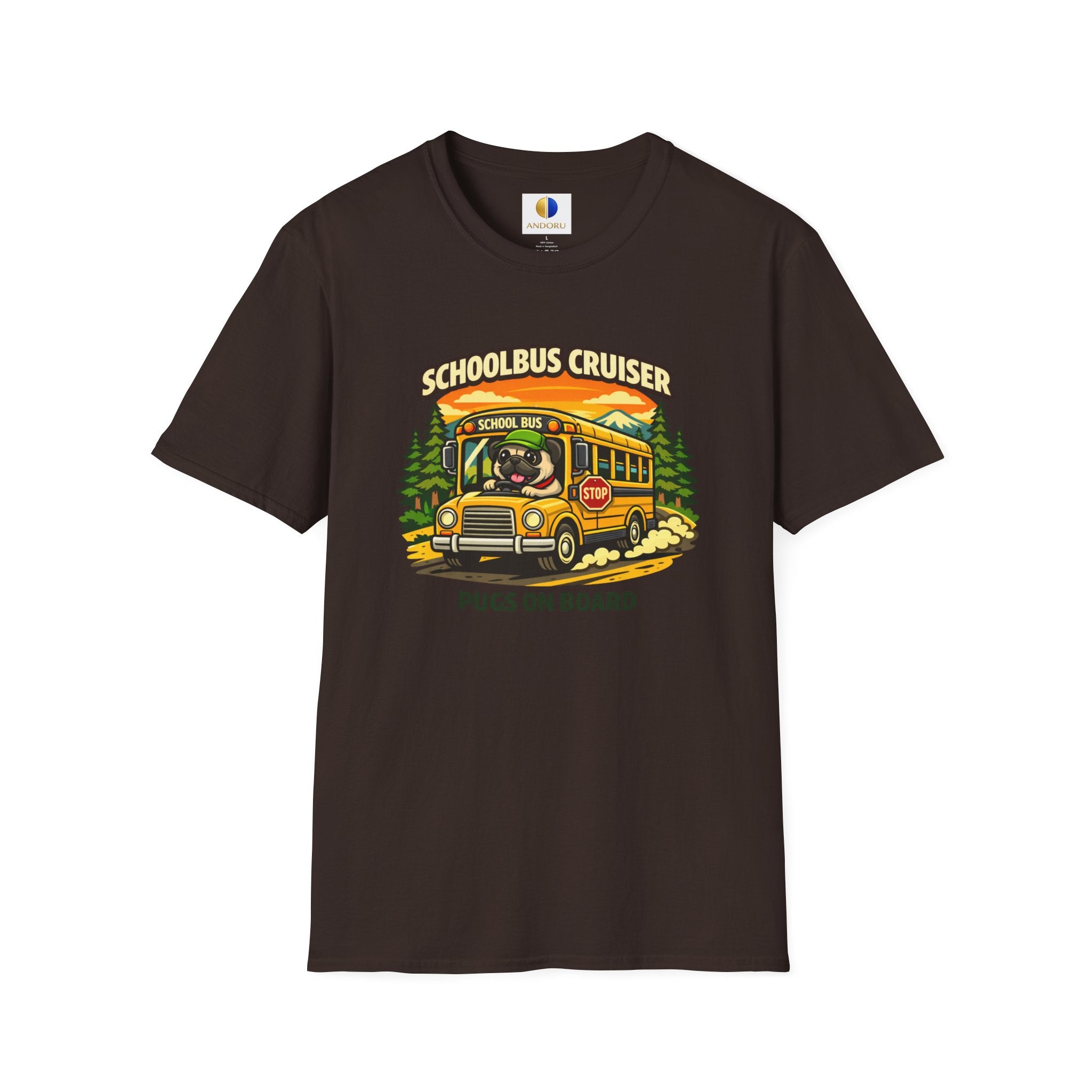 Schoolbus Cruiser T-Shirt — "Pugs On Board" Cute Dog Bus Graphic Tee