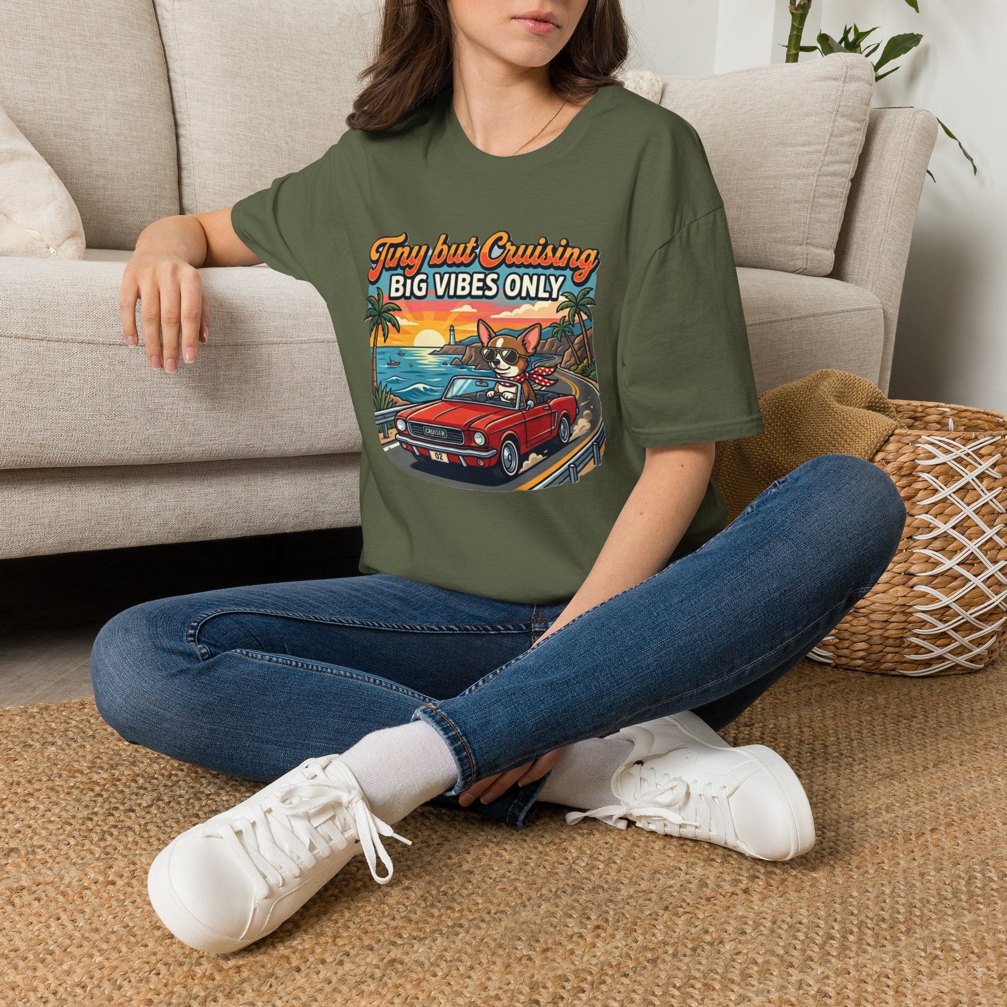 Big Vibes Only Beach Cruise T-Shirt — "Tiny but Cruising, Big Vibes Only" Retro Beach Dog Graphic
