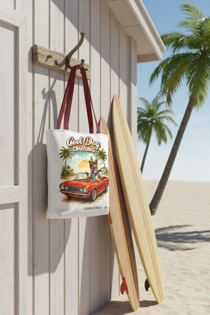 Cool Dog Cruising Tote Bag — Retro Convertible Beach Dog Beach Tote