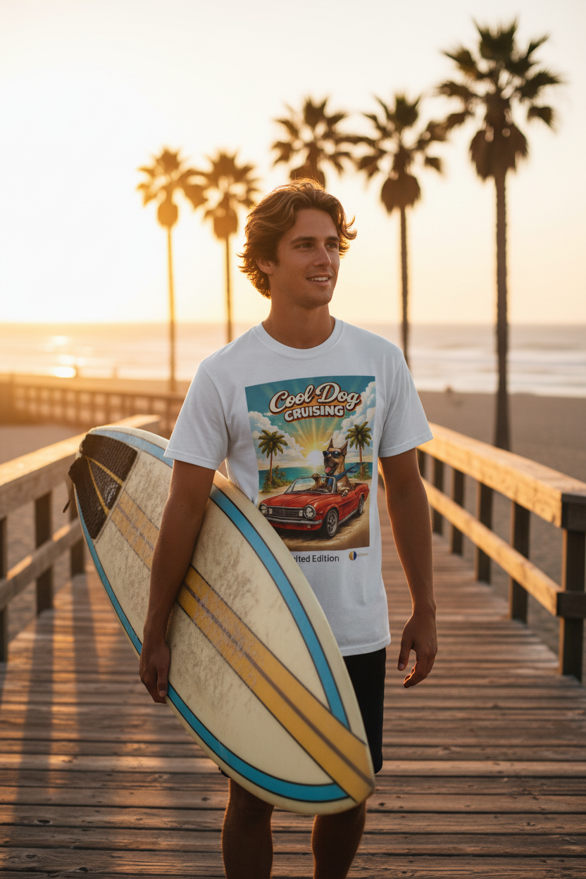 Cool Dog Cruising T-Shirt — Vintage Retro Beach Car Design Limited Edition