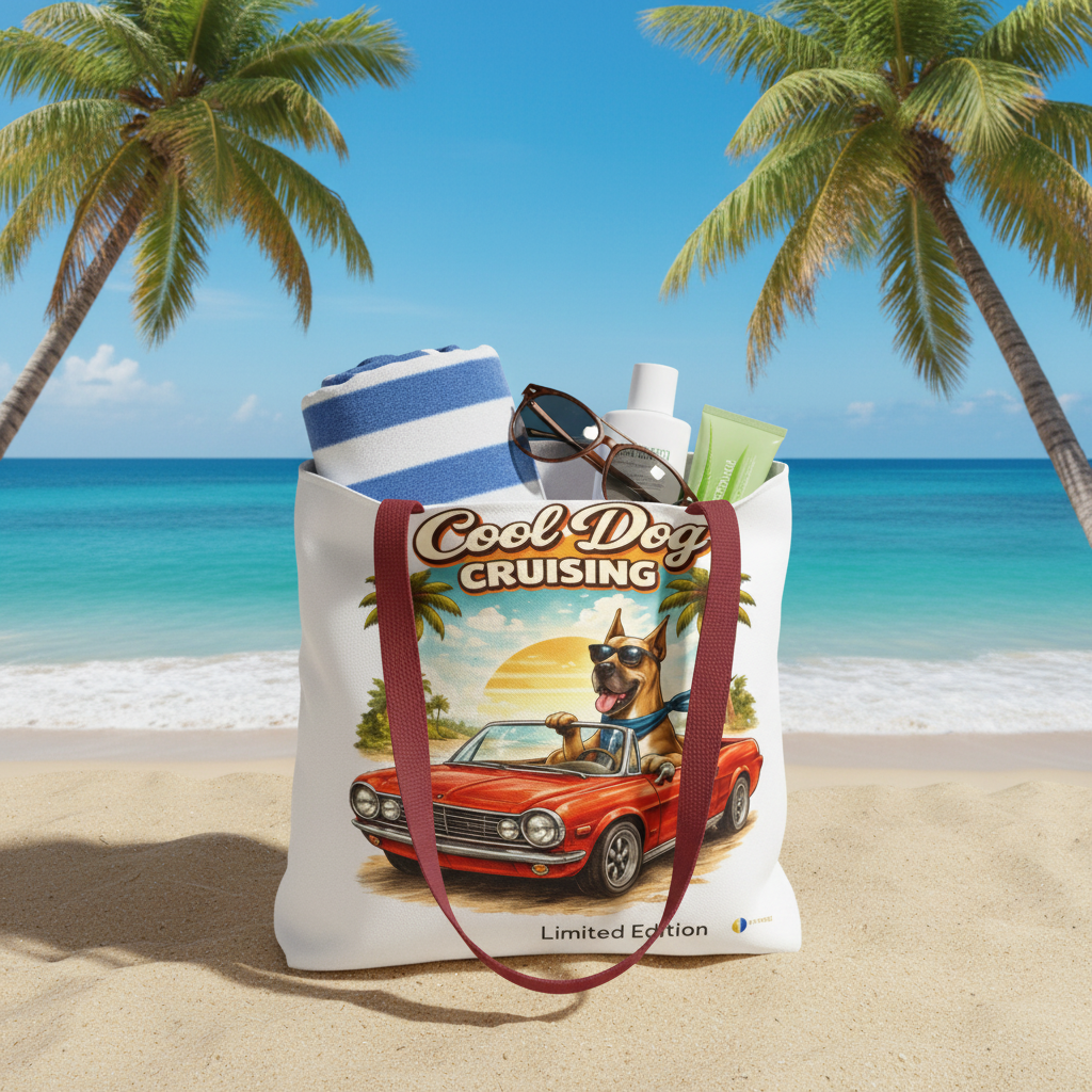 Cool Dog Cruising Tote Bag — Retro Convertible Beach Dog Beach Tote