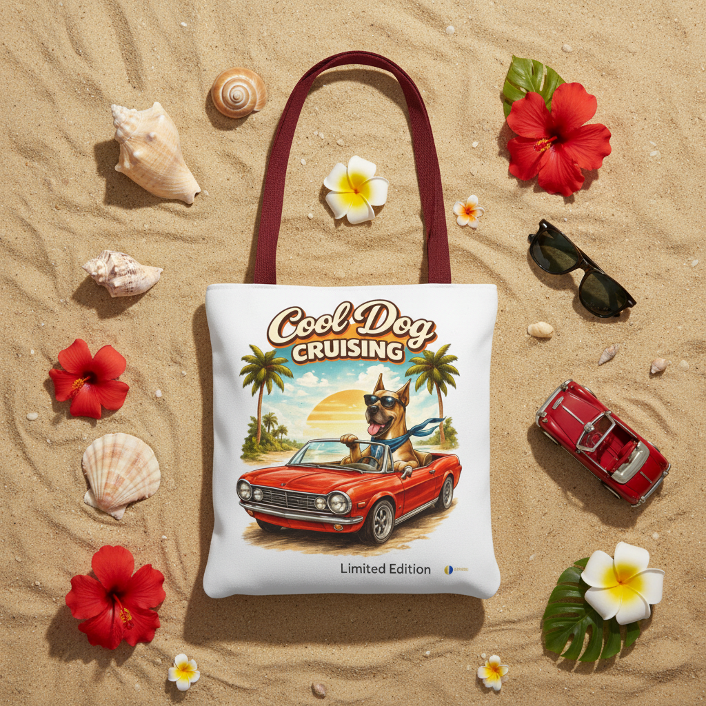 Cool Dog Cruising Tote Bag — Retro Convertible Beach Dog Beach Tote